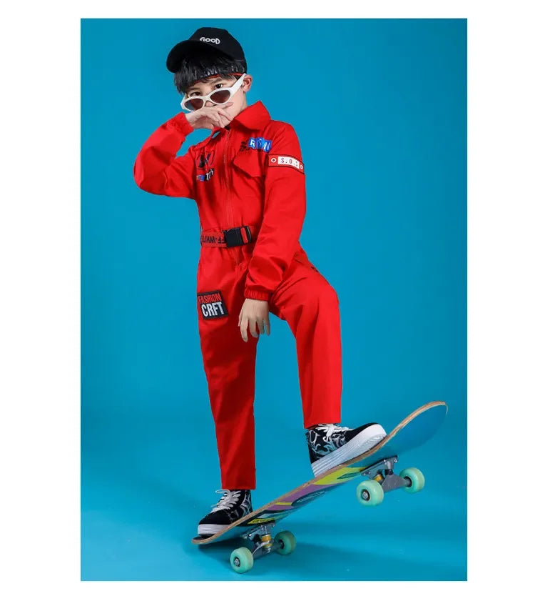Kids Boys Girls Long Sleeve Casual Jumpsuit Cargo Pant Children Teenager Streetwear Hip Hop Playsuits Dance Stage Show Clothing