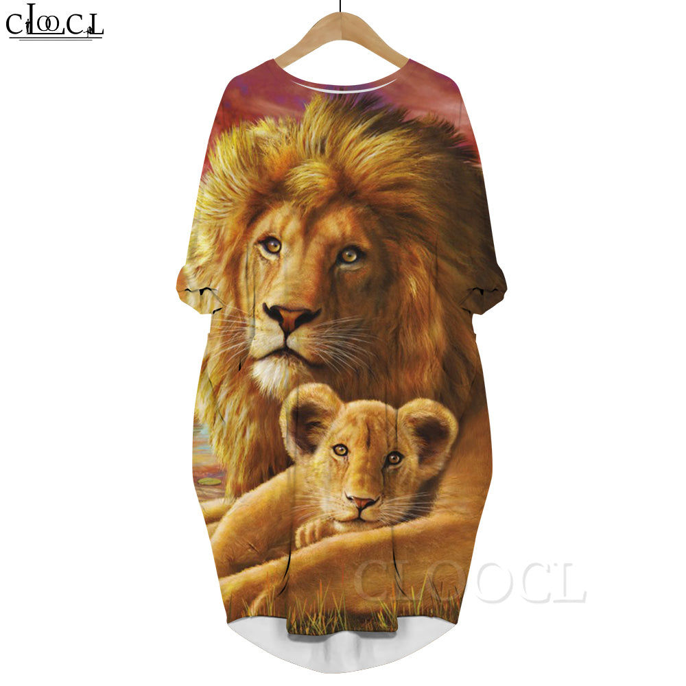 CLOOCL 2022 New Fashion Golden Lion Printed Dress Animal Long-sleeve Pockets Dress Party Dresses Female Clothes Harajuku Style