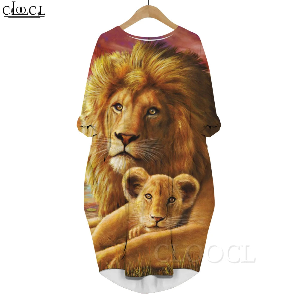 CLOOCL 2022 New Fashion Golden Lion Printed Dress Animal Long-sleeve Pockets Dress Party Dresses Female Clothes Harajuku Style