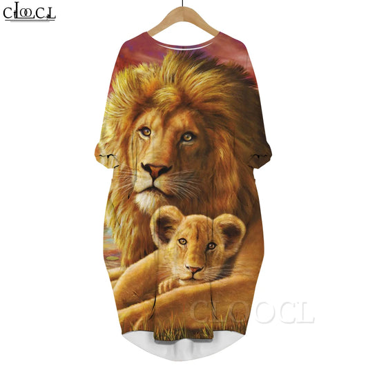 CLOOCL 2022 New Fashion Golden Lion Printed Dress Animal Long-sleeve Pockets Dress Party Dresses Female Clothes Harajuku Style