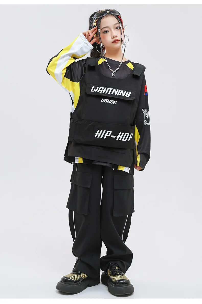 Kid Hip Hop Clothing Yellow Racing Long Sleeve T Shirt Vest Black Casual Cargo Pants for Girls Boys Jazz Dance Costume Clothes