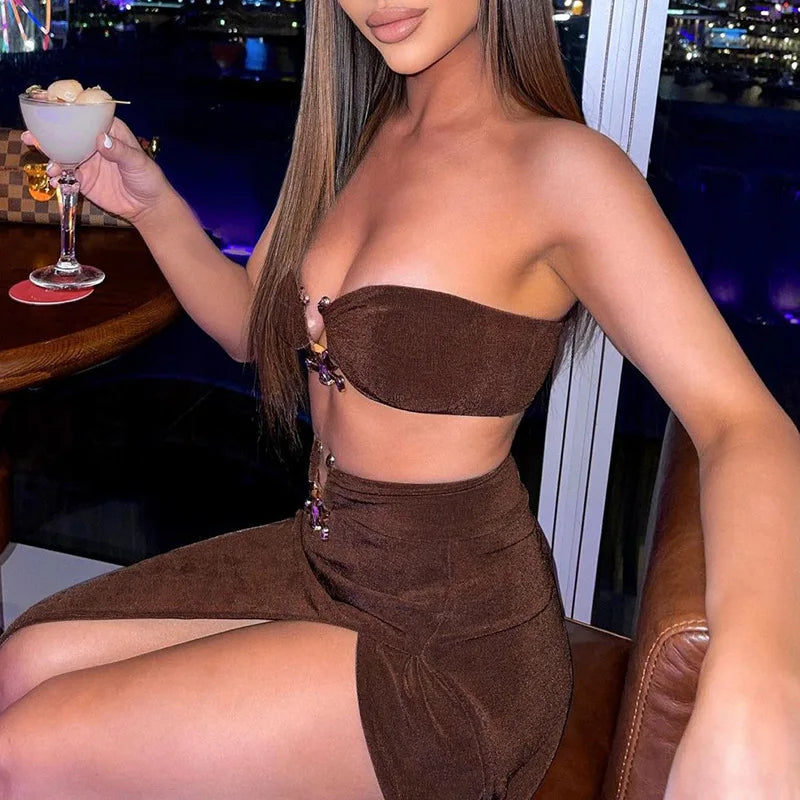 Elegant Sexy Bandeau Top with Slit Asymmetrical Skirt Two Piece Set Women Summer Party Festival Matching Sets Orange