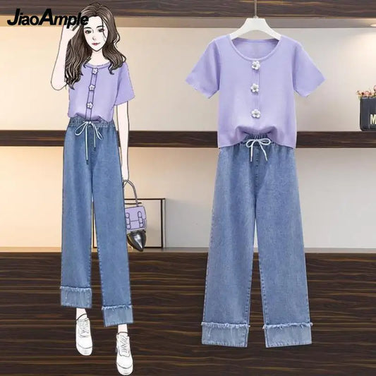 Younger Women Summer Clothing 2022 Student Sweet Floral Purple T Shirt+Jeans Two Pieces Set Lady Casual Wide Leg Denim Pants New