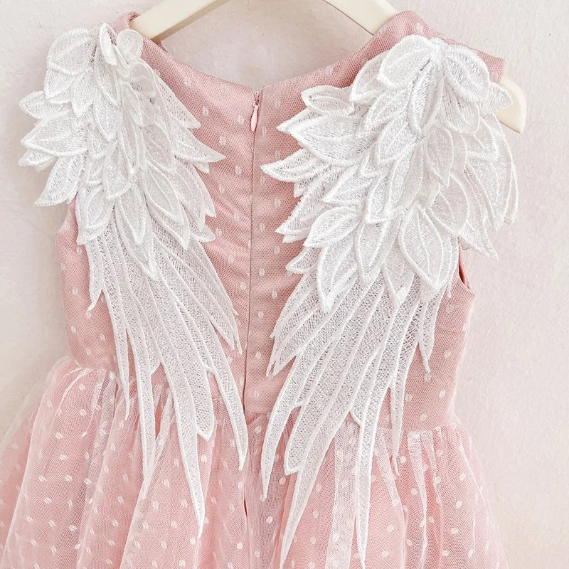 Baby Girl Princess Angel Wing Dress Infant Toddler Child Sleeveless Pearl Vestido Party Pageant Birthday Baby Clothes 1-12Y