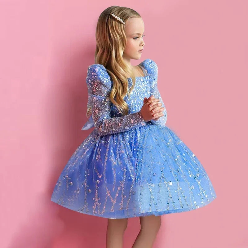 2024 Girls Dress Sequin Mesh Long-sleeved Birthday Party Outfit  New children's Clothes Matching Baby Opening Ceremony Prom
