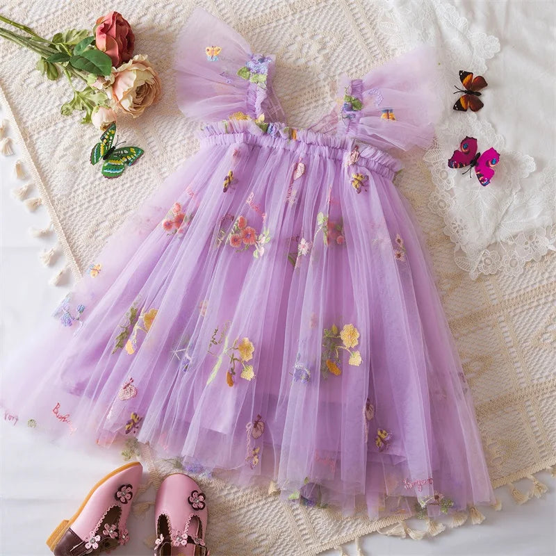 0-5 Years Girls' Dress Butterfly Dress for Summer New Flying Sleeve Mesh Princess Dress Baby Girls Floral Embroidery Clothes