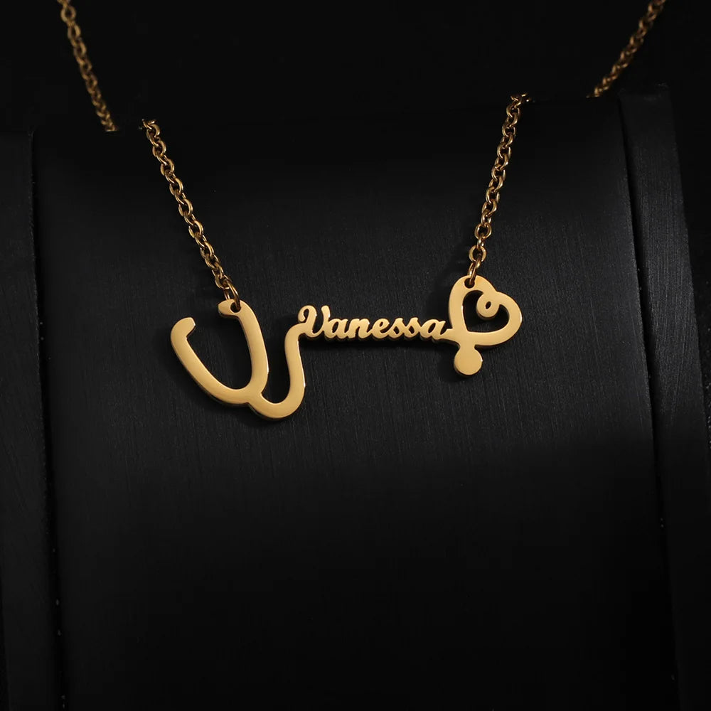 Diamon New Personalized Custom Name Necklace Stainless Steel Stethoscope Letter Chock Chain Nameplate for Women Jewelry Gifts