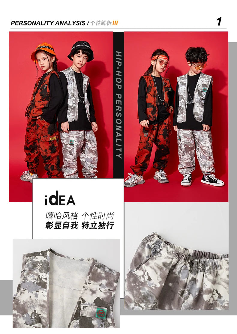 Modern Hip Hop Dance Clothes Kids Costume Camouflage Vest Pants Girls Long Sleeves Suit Boys Street Dance Outfit Rave Wear L9730