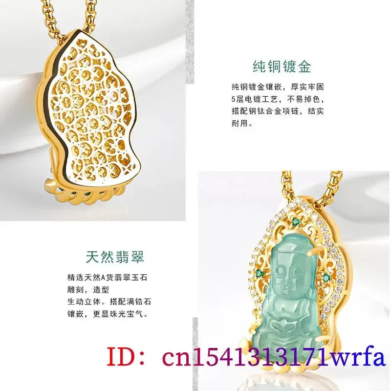 Blue Jadeite Buddha Pendant Amulet Necklace 18K Gold Plated Jewelry Man Natural Real Burmese Jade Talismans Choker Stone