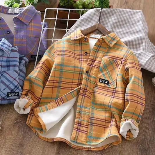 Boys' shirt Spring autumn winter children's plaid long sleeve shirt cotton wool lining thickened children's cardigan