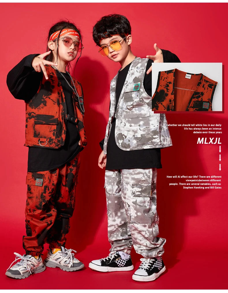 Modern Hip Hop Dance Clothes Kids Costume Camouflage Vest Pants Girls Long Sleeves Suit Boys Street Dance Outfit Rave Wear L9730