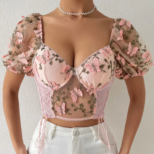 Backless Woman Blouse Fishbon Corset Built In Bra Butterfly Embroidery Mesh Patchwork Lace-up Blouses Female Dropshipping