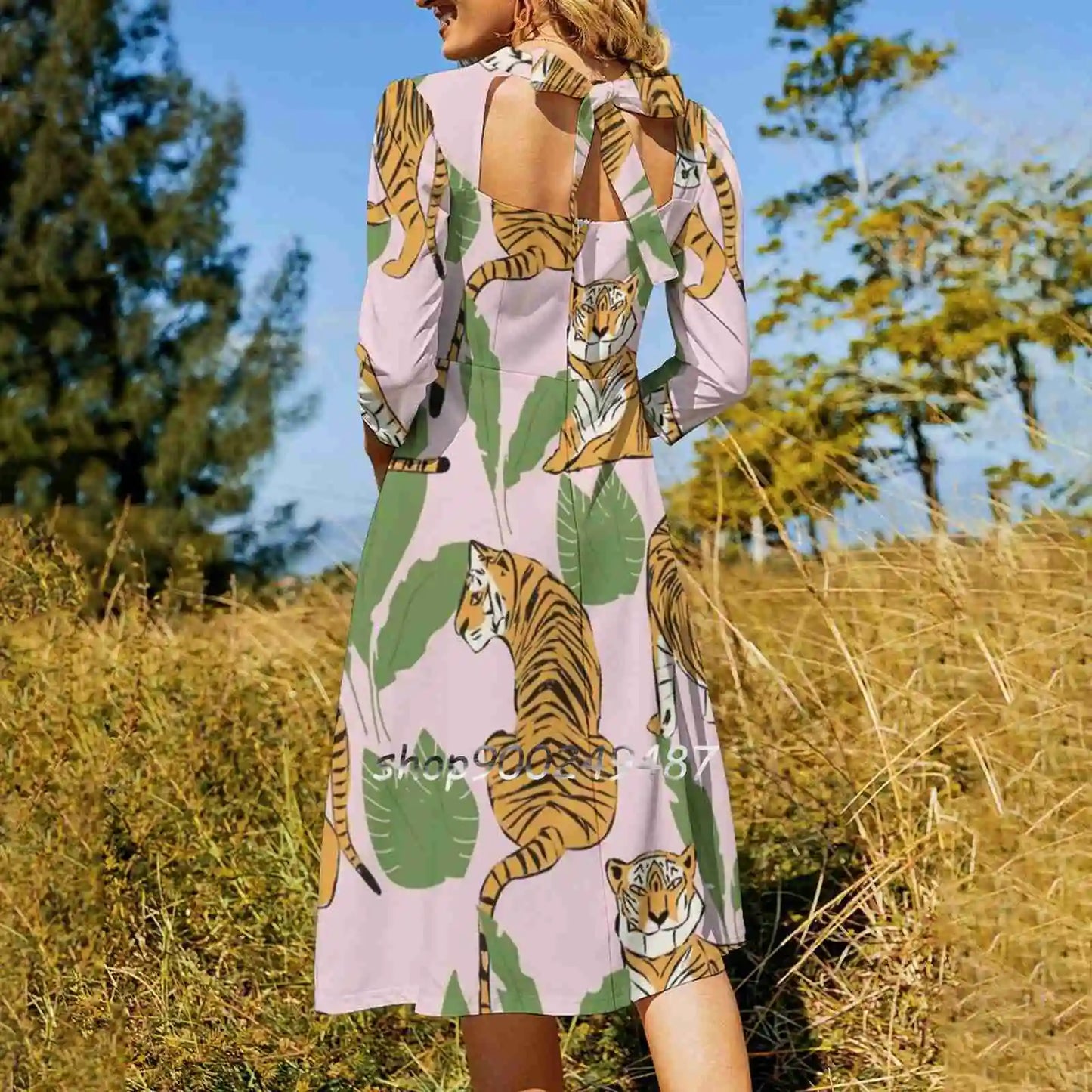 Tiger Pattern 008 Square Neck Dress Sweet Summer Dress Women Elegant Halter Print Dress Tiger Seamless Pattern Big Cat Hand