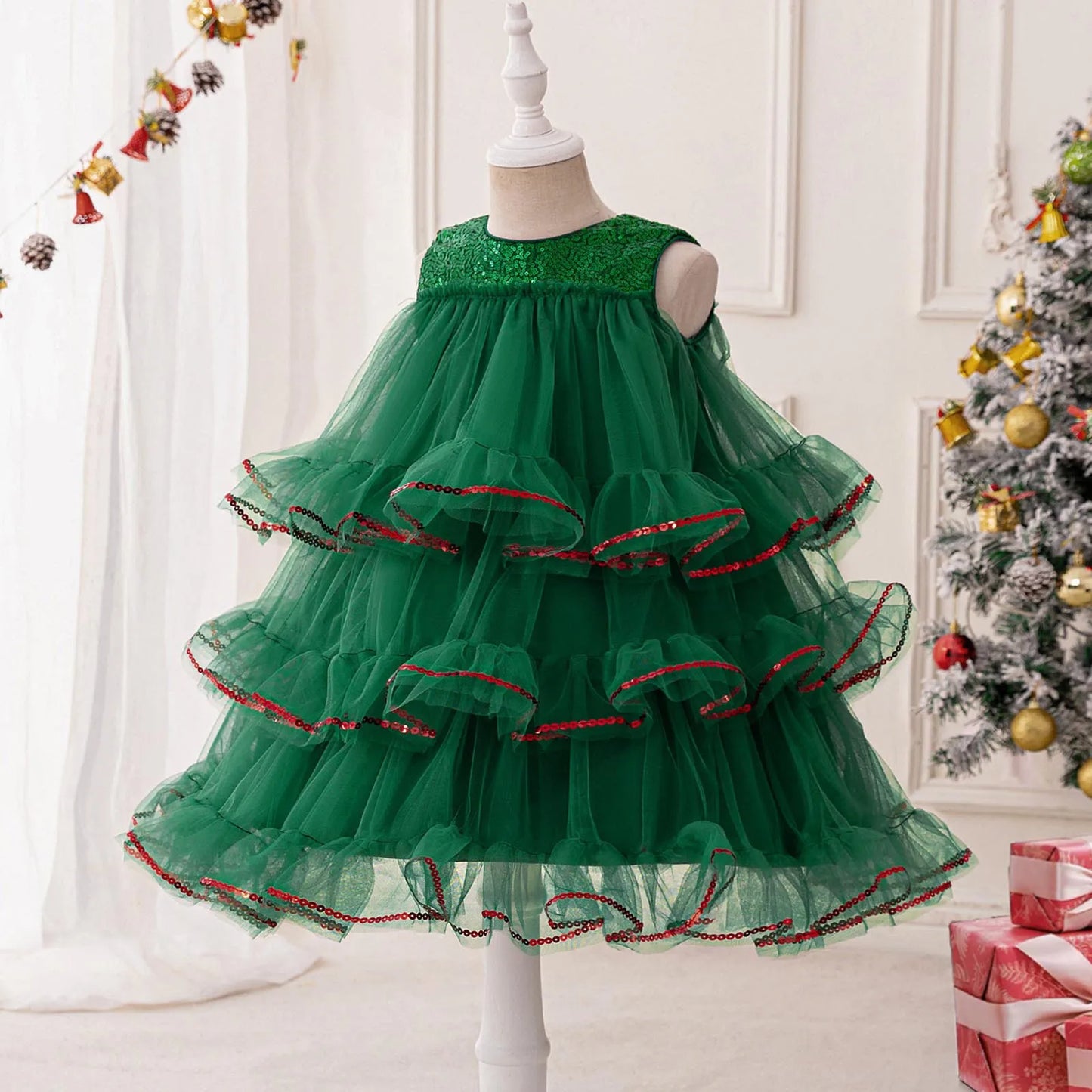 Elegant Baby Girl Christmas Dress Christmas Tree Style Cake Tiered Fluffy Tulle Toddler Ball Gowns 1 2 3 4 Years Newborn Clothes