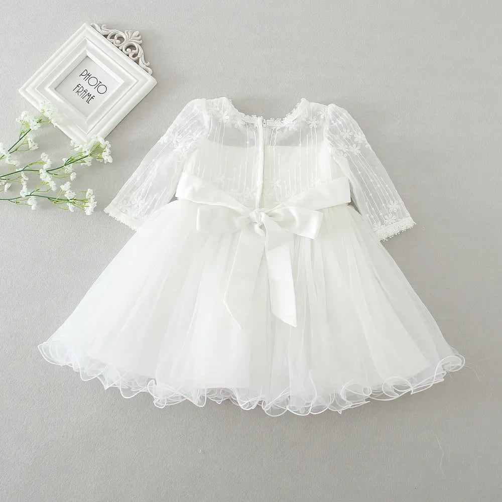 0-24 Months Long Sleeve Baby Girl Dress Infant Toddler Birthday Party Dresses Little Girls White Wedding Baptism Dress 8515