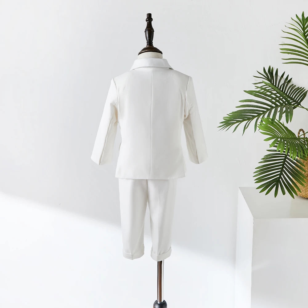 Young child Boy White Suit Baptism Birthday Party Photograph Clothes Dress Baby Jacket Straps Pants Bowtie 3PCS Eid Kids Attire