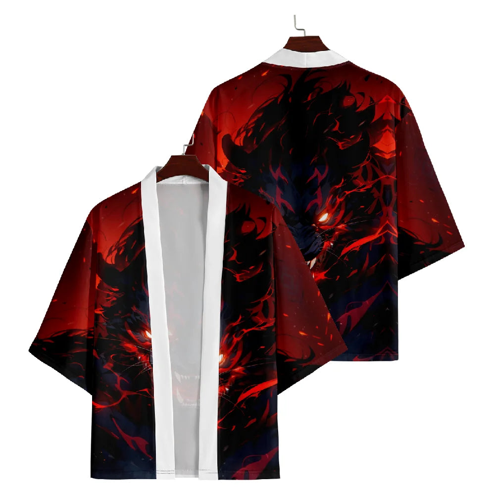 Anime Wolf Print Japanese Cosplay Kimono Yukata Men Women Fashion Cardigan Blouse Haori Obi Asian Clothes Harajuku