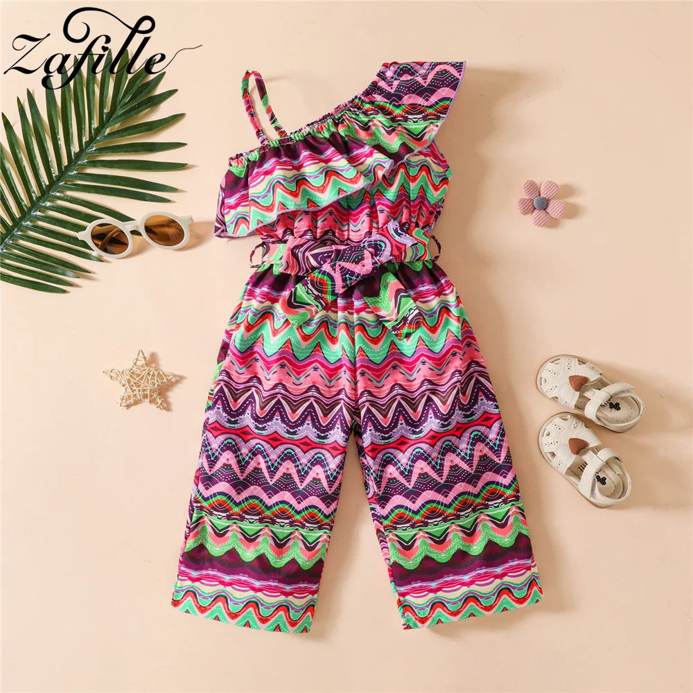 ZAFILLE Baby Playsuit Striped Belted Girl Jumpsuit For Kids 2023 Off Shoulder Summer Overalls For Children Toddler Girl Clothes