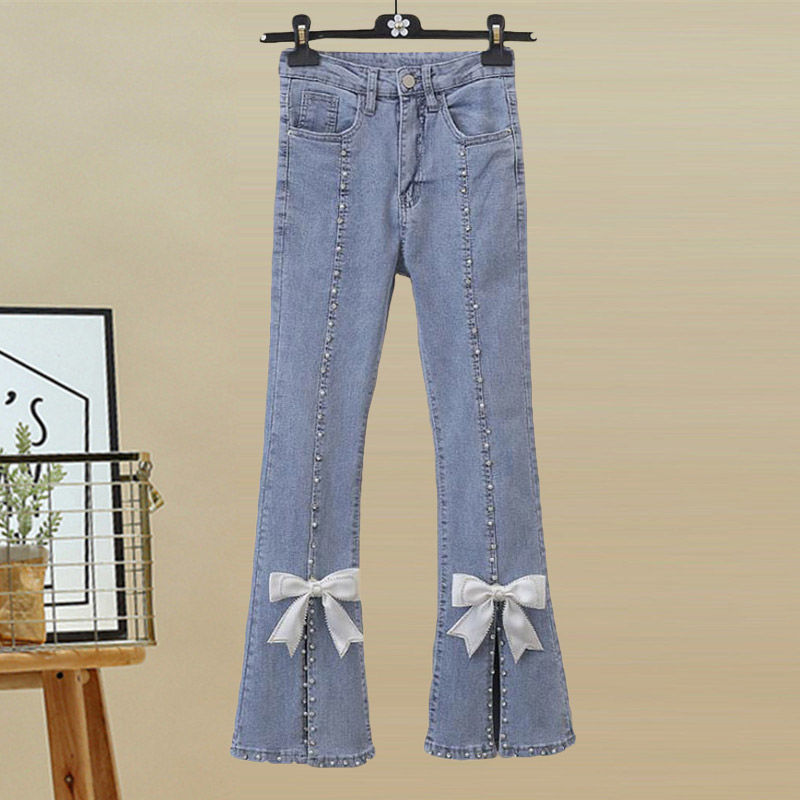 Spring/Summer Fashion Women Three Piece Set Temperament Chiffon Shirt Small Fragrant Knitted Back Temperament Split Jeans