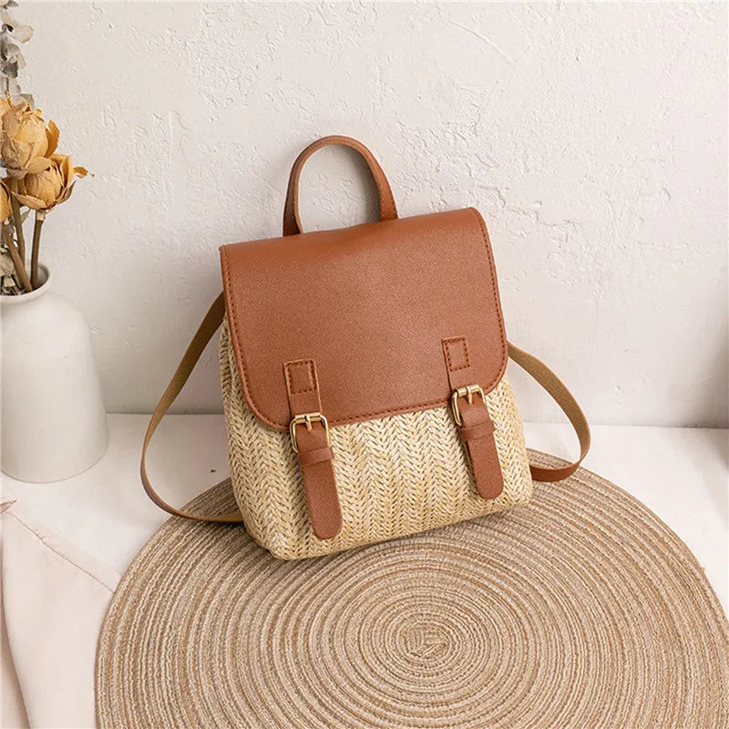 Fashion Women's Shoulder Bag Vintage Straw Woven Bag PU Leather Shoulder Bag Elegant Luxury Versatile Designer Backpack Mochilas