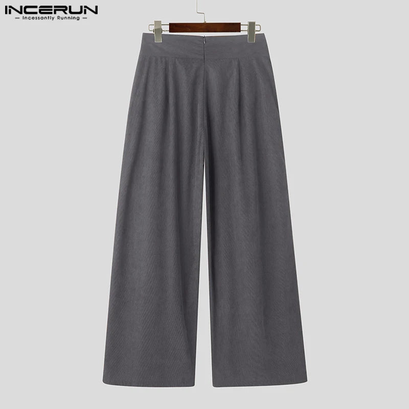 INCERUN American Commuting Men Long Loose Pants 2024 Handsome Boy High Waist Solid Color Trousers Fold Cross Wide Leg Bottoms