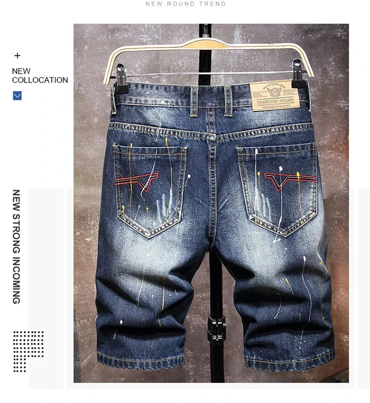 Men's Short Pants Jeans Trend Beggar Quarter Pants Ripped Denim Shorts Loose Straight Painted