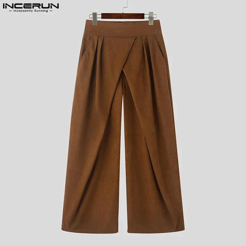 INCERUN American Commuting Men Long Loose Pants 2024 Handsome Boy High Waist Solid Color Trousers Fold Cross Wide Leg Bottoms
