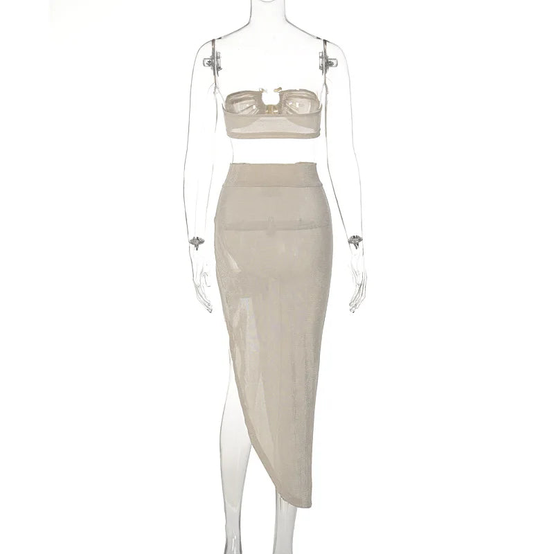 Elegant Sexy Bandeau Top with Slit Asymmetrical Skirt Two Piece Set Women Summer Party Festival Matching Sets Orange