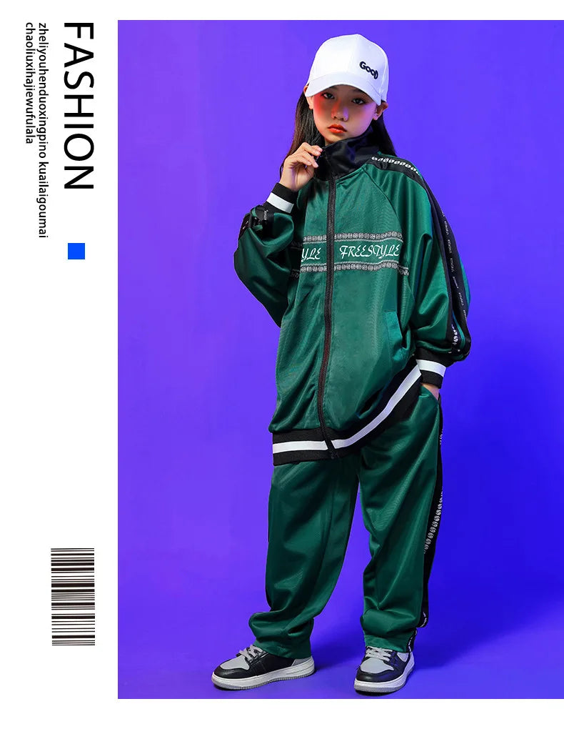 Kids Hip Hop Clothing Green Long Sleeves Outfit Coat Pants Boys Girls Modern Street Dance Costume Concert Show Clothing BL9005