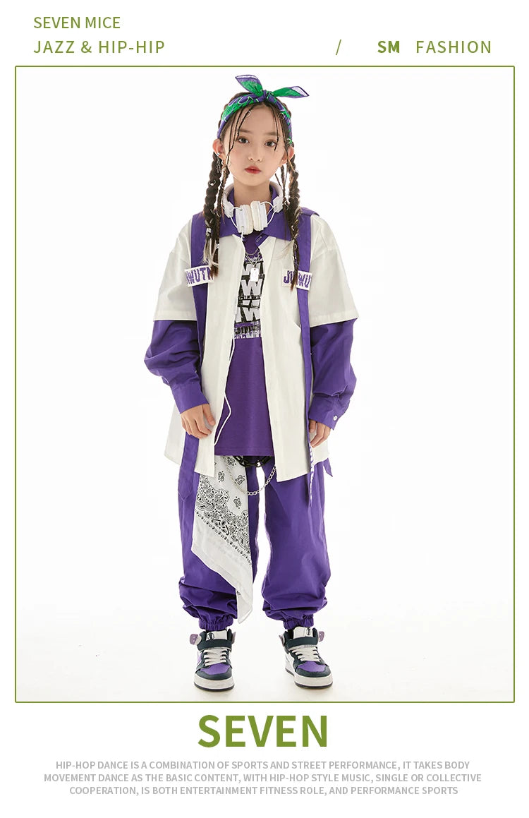 Jazz Dance Clothes Girls Hip Hop Costume Loose Coat Purple Pants Boys Breaking Street Dance Outfit Long Sleeves Suit