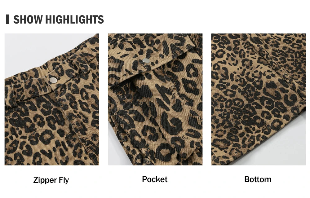 Leopard Print Cargo Pants Mens Multi-Pocket Retro Streetwear Straight Loose Wide Leg Trousers Men