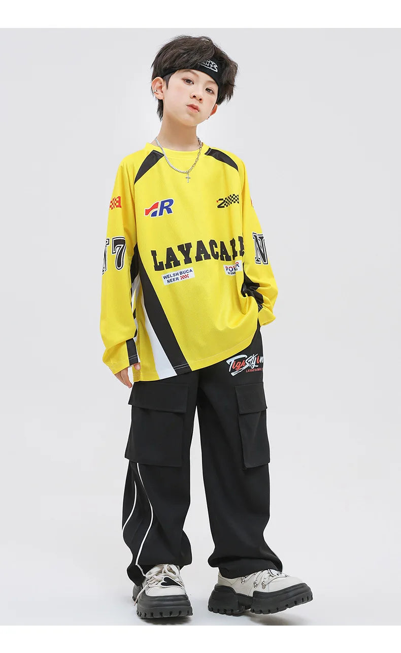 Kid Hip Hop Clothing Yellow Racing Long Sleeve T Shirt Vest Black Casual Cargo Pants for Girls Boys Jazz Dance Costume Clothes