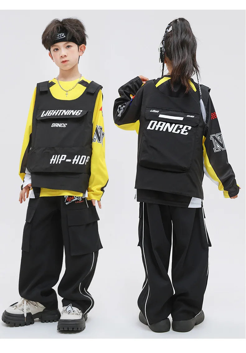 Kid Hip Hop Clothing Yellow Racing Long Sleeve T Shirt Vest Black Casual Cargo Pants for Girls Boys Jazz Dance Costume Clothes