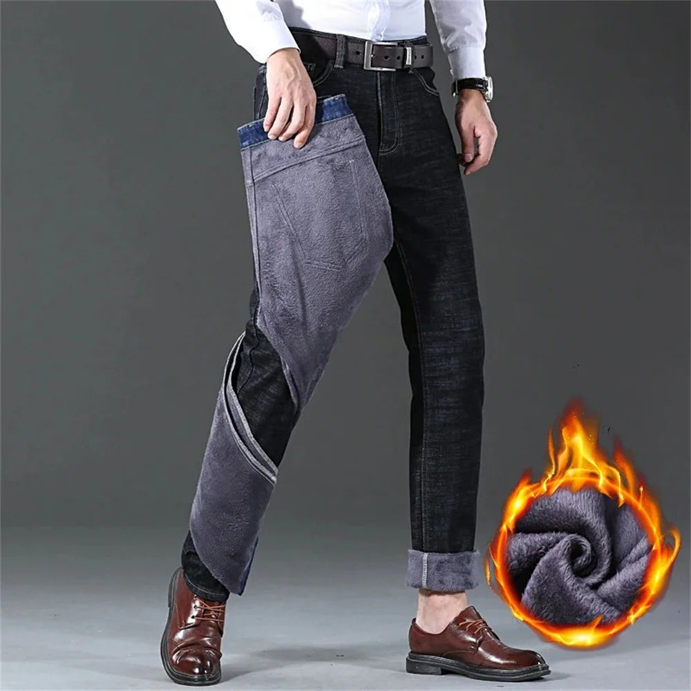 Men's Classic Regular Fit Fleece Jeans Business Fashion Loose Casual Stretch Pants Male Brand Plus Velvet Padded Warm Trousers