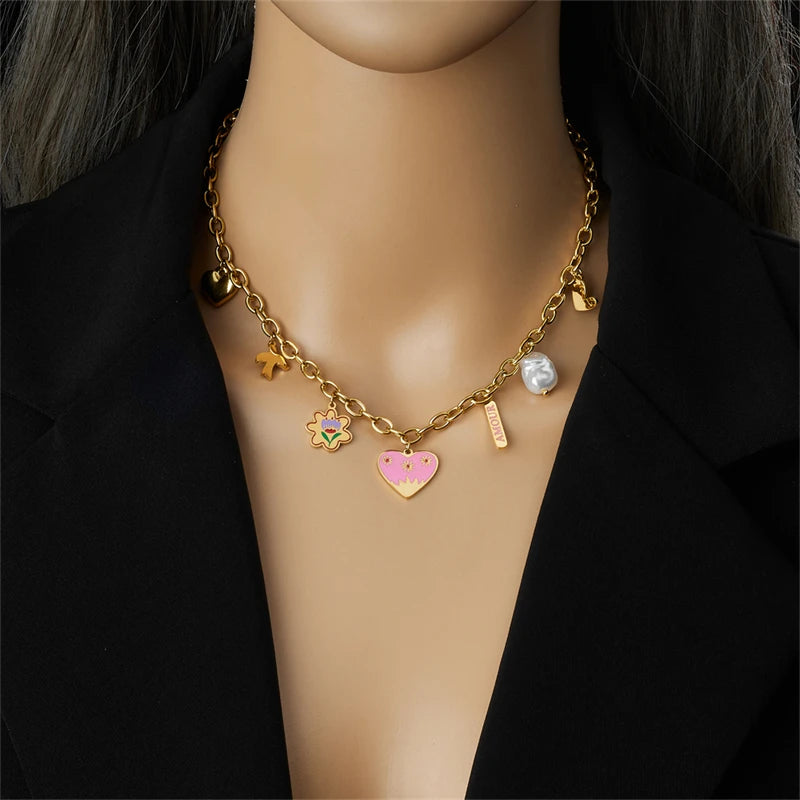 DIEYURO 316L Stainless Steel Pink Heart Flower Irregular Pearl Pendant Necklace For Women New Trend Love Neck Jewelry Gift Party