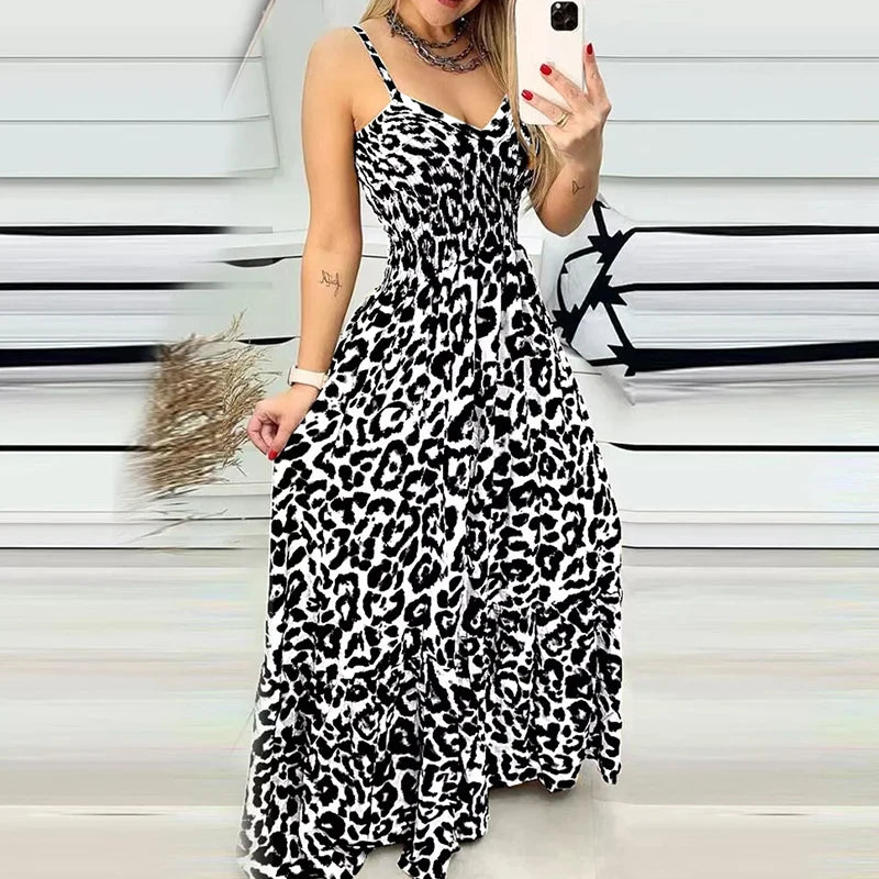 Summer Women's Leopard V-neck Suspender Dress Bohemian Style High Waist Sexy Temperament Fashion Dress Holiday Party Sundress