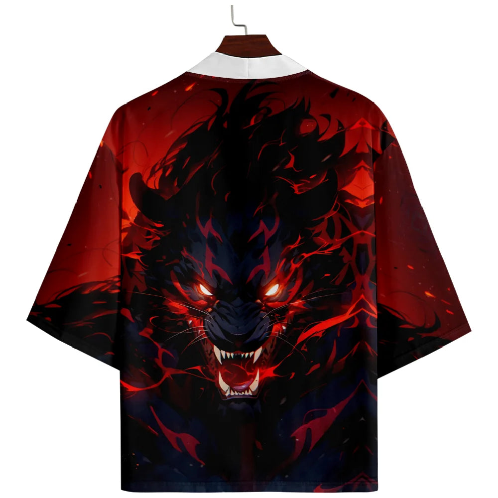 Anime Wolf Print Japanese Cosplay Kimono Yukata Men Women Fashion Cardigan Blouse Haori Obi Asian Clothes Harajuku