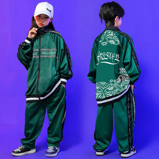 Kids Hip Hop Clothing Green Long Sleeves Outfit Coat Pants Boys Girls Modern Street Dance Costume Concert Show Clothing BL9005