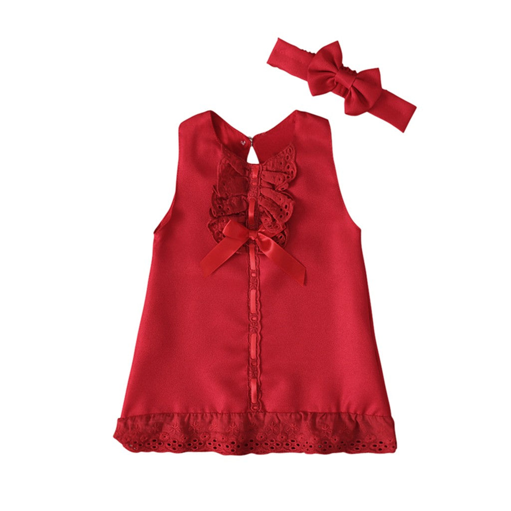 New Maxi Bow Dress+headband Set Newborn Baby Girl Sleeveless Outfit Bowknot Ruffle Red Clothes Baby Summer Dresses For Girls