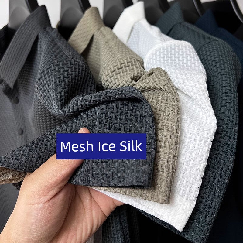 Summer Golf Ice Silk Short Sleeve T-shirt Men's Shirt Collar Polo Shirt Quick-Drying Mesh Pure Color Cool Feeling Breathable Half Sleeve