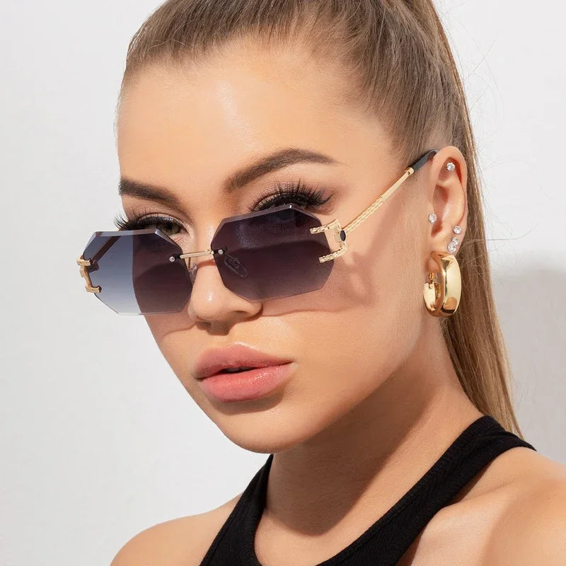 Retro Sunglasses Women Rimless Polygon Sun Glasses Fashion Shades Square Cutting Lens Ladies Frameless Eyeglasses