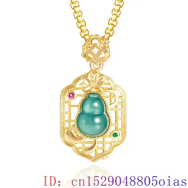Blue Jadeite Gourd Pendant Necklace 18K Gold Plated Natural Burmese Jade Accessories Gifts for Women Real Jewelry Charms Gift