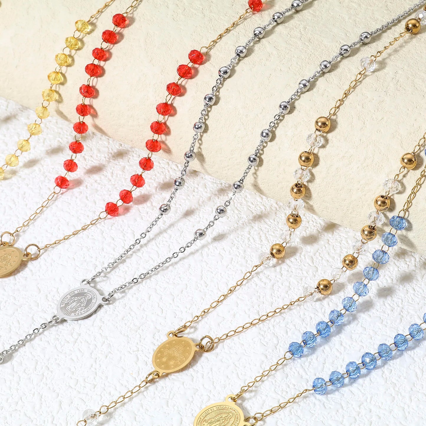 1 Piece 304 Stainless Steel & Glass Religious Handmade Link Chain Necklace Gold Color Cross Virgin Mary Charm 54cm(21 2/8") long