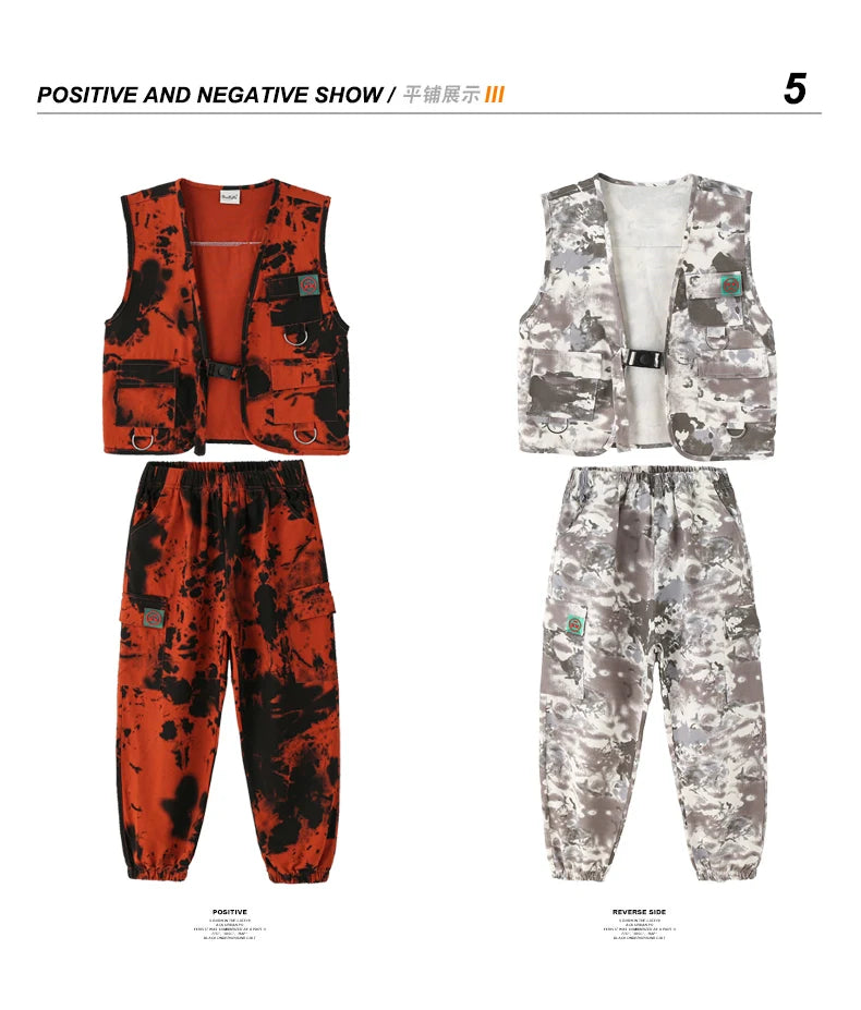 Modern Hip Hop Dance Clothes Kids Costume Camouflage Vest Pants Girls Long Sleeves Suit Boys Street Dance Outfit Rave Wear L9730