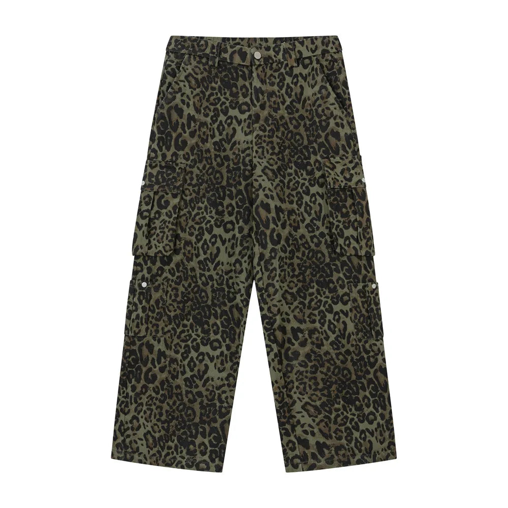 Leopard Print Cargo Pants Mens Multi-Pocket Retro Streetwear Straight Loose Wide Leg Trousers Men
