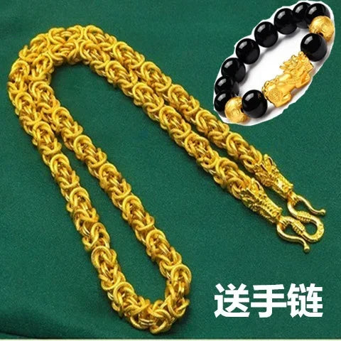 New Pure 24k Thai Large 100% Real 999 Gold Plated 18k Chain Dragon Head Wide Necklace 70cm Long for Male for Women's Gifts
