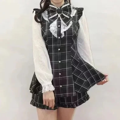 SC Suit Japanese Mine Mass-Produced Lolita Girl Sweet Bow Lace Long Sleeve Shirt Dress Shorts Culottes 2 Piece Set Women Outfits