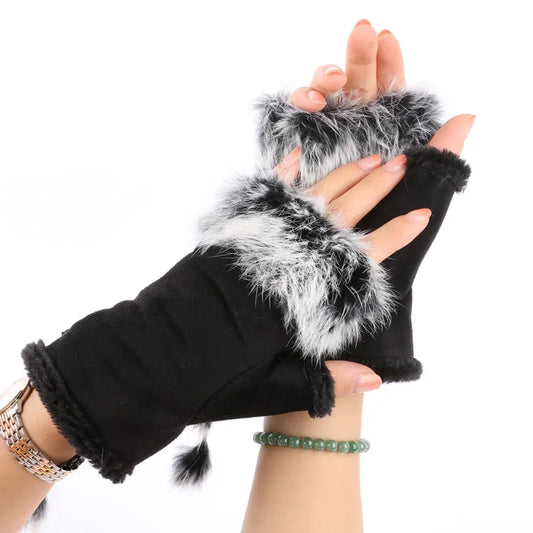 Fashion Warmth Half-Finger Gloves Women Winter Gloves Sexy Faux Rabbit Fur Hand Wrist Warmer Fingerless Gloves Mitten For Ladies