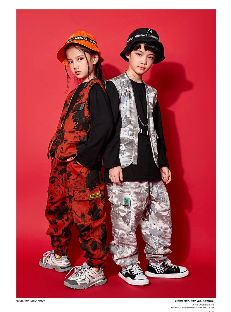 Modern Hip Hop Dance Clothes Kids Costume Camouflage Vest Pants Girls Long Sleeves Suit Boys Street Dance Outfit Rave Wear L9730