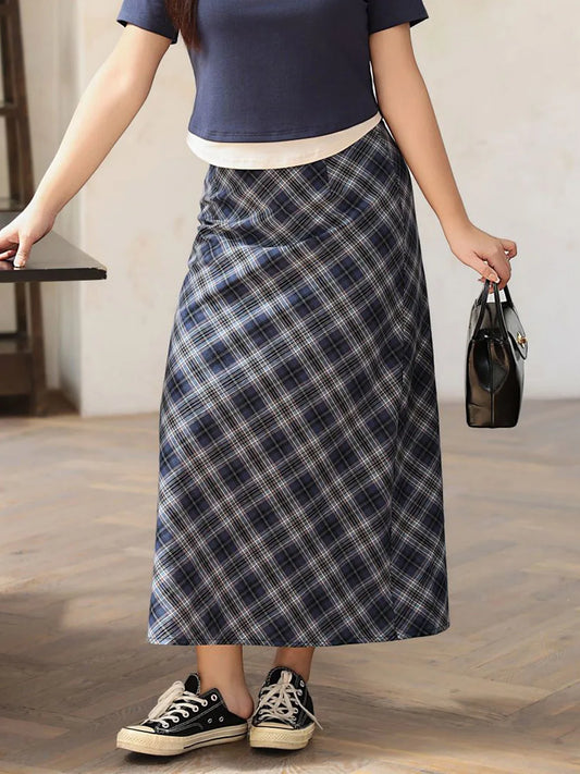 Blue Plaid Back Slit Straight Skirt for Women, Long Skirt, Good Quality, Plus Size, Spring, Summer, 2024